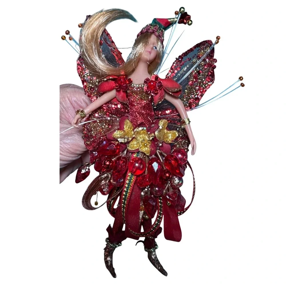 Fairy Pixie Doll Red Gold‎ Beaded Glitter Wings Hanging Christmas Ornament